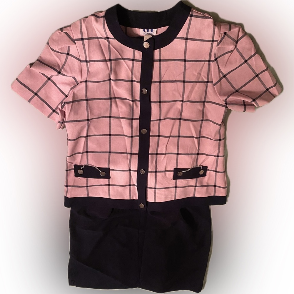CUE Vintage 80s Pink & Navy Grid Patterned Blouse & Skirt Set